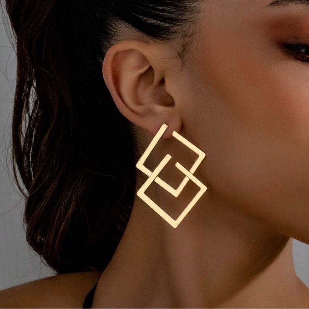Gold Geometric Double Square Statement Earrings